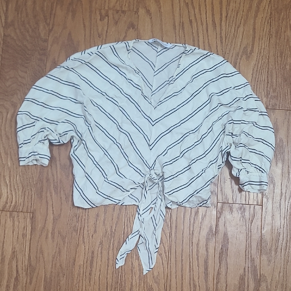 ZARA Striped V-Neck Blouse Tie Front Size Small